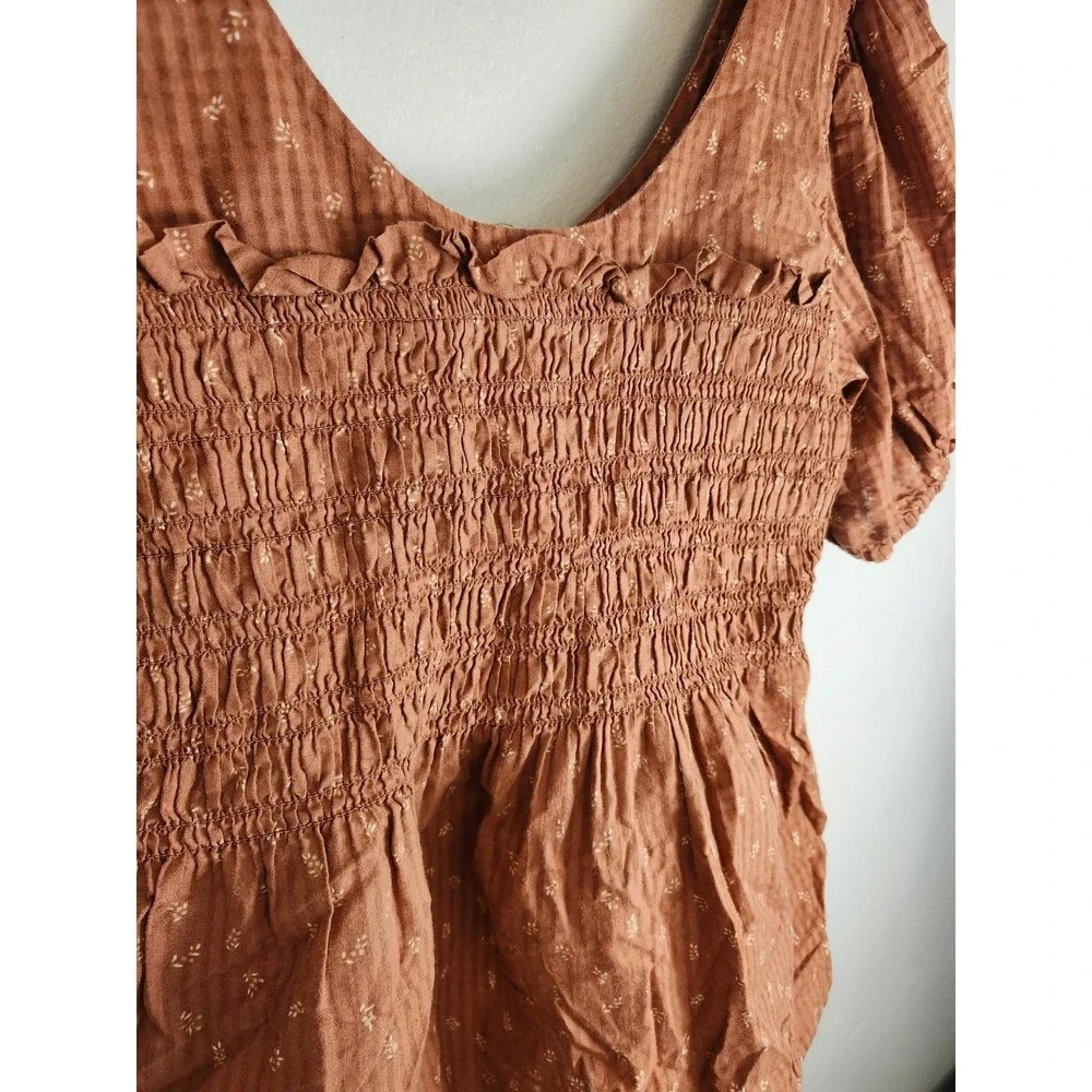Madewell Brown‎ Smocked Puff Sleeve Peplum Top Size 6 Cottagecore Boho